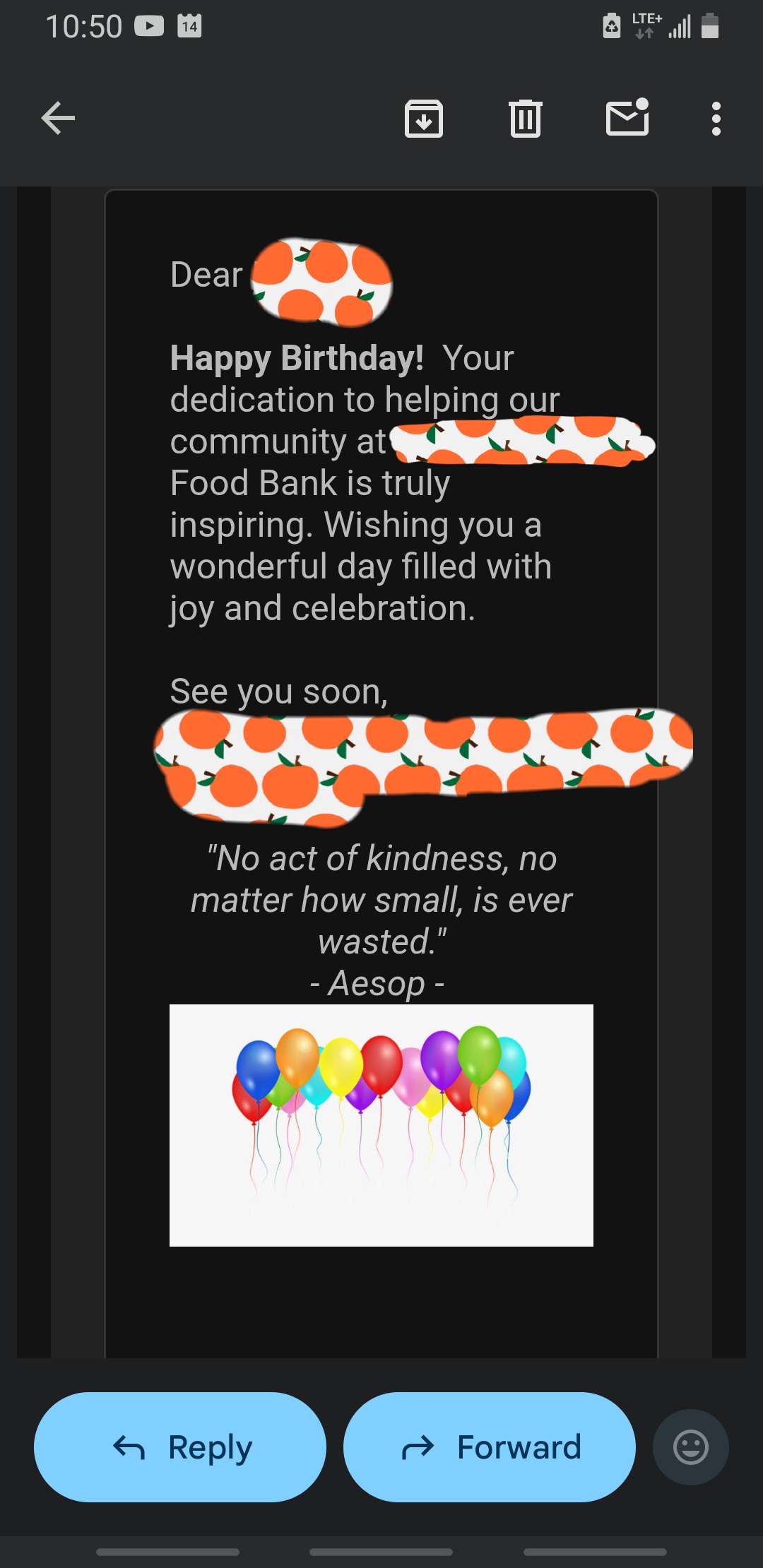 Happy birthday to a volunteer email from a food bank.